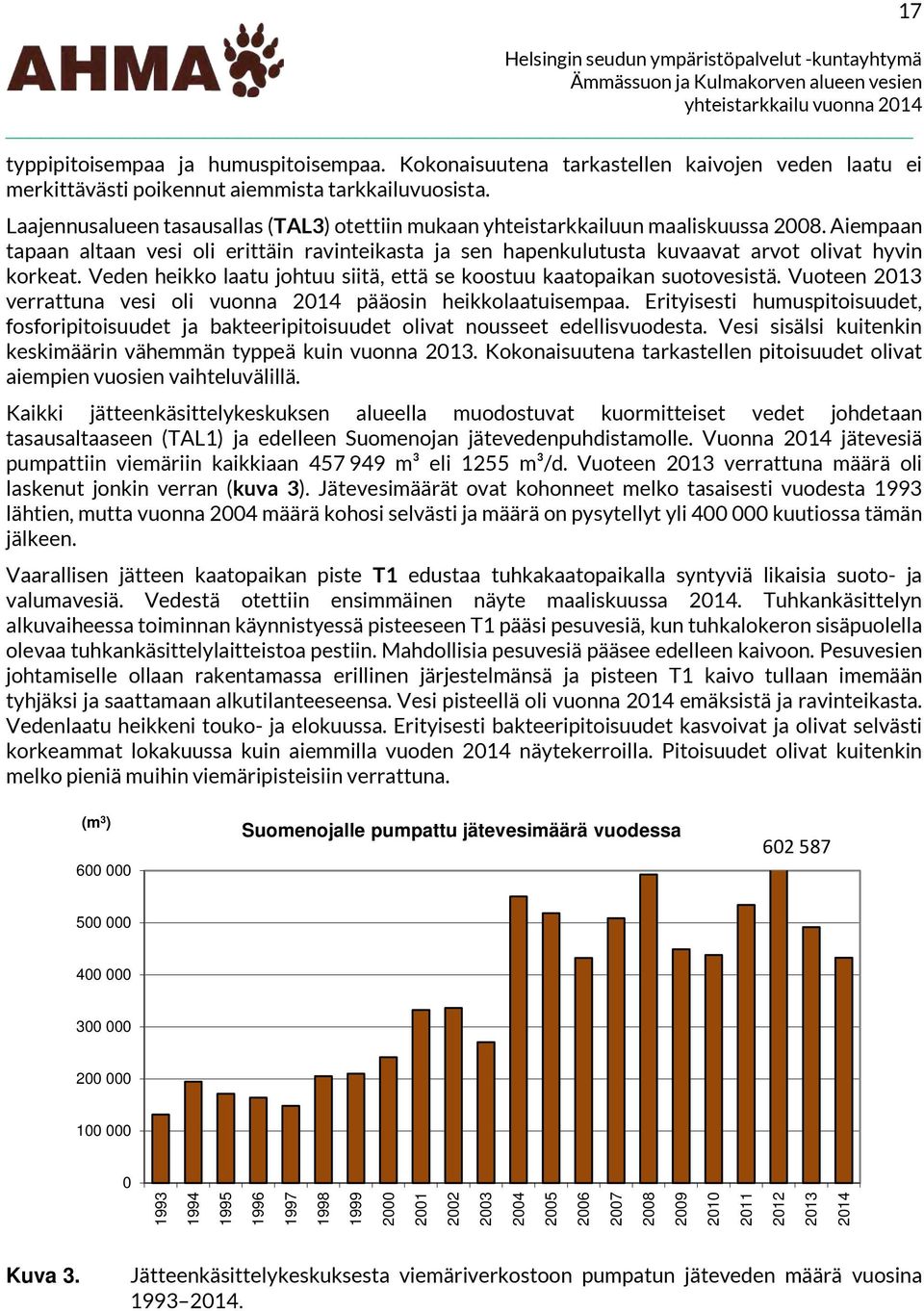 Veden heikko laatu johtuu siitä, että se koostuu kaatopaikan suotovesistä. Vuoteen 213 verrattuna vesi oli vuonna 214 pääosin heikkolaatuisempaa.