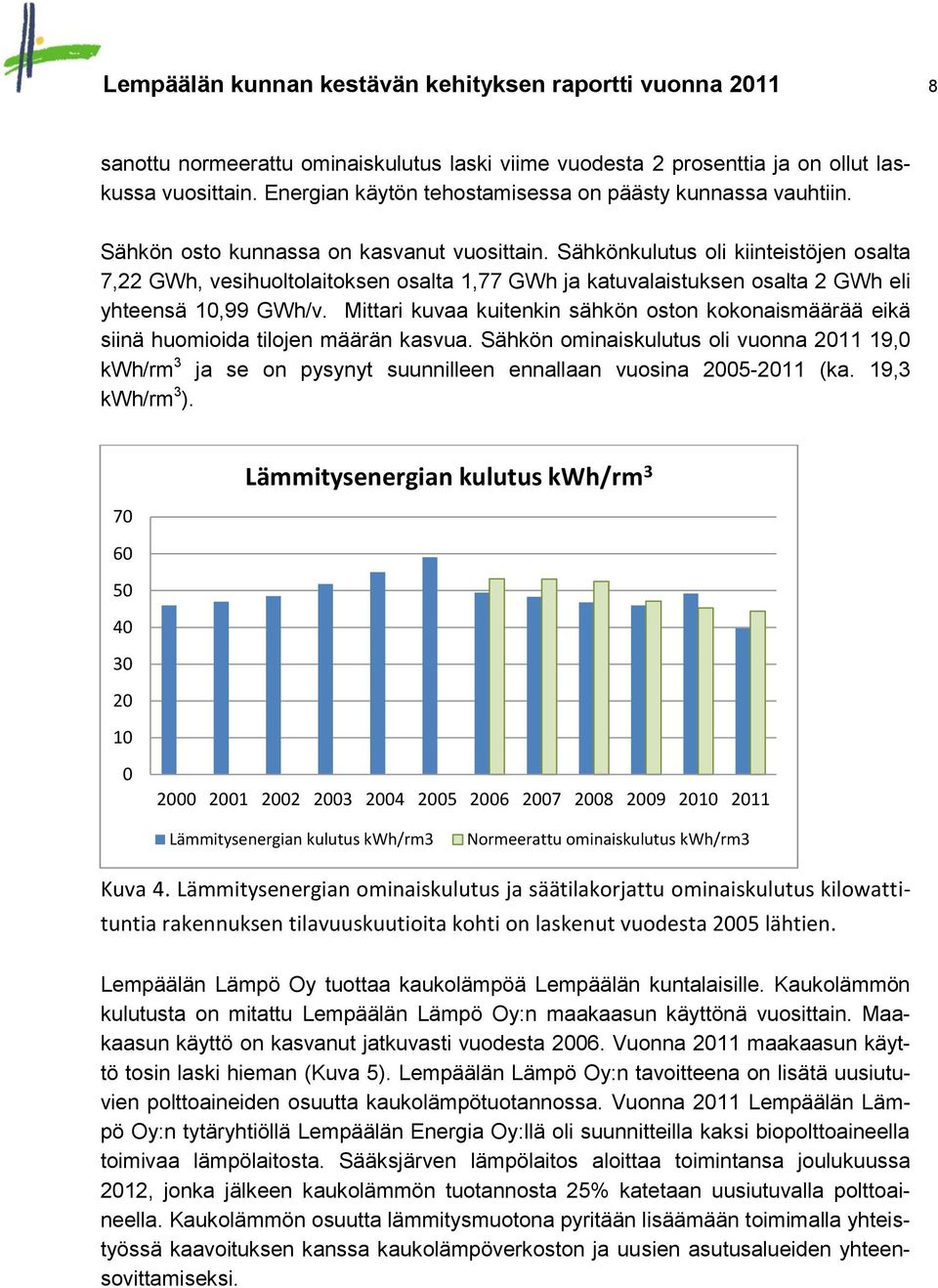 Sähkönkulutus oli kiinteistöjen osalta 7,22 GWh, vesihuoltolaitoksen osalta 1,77 GWh ja katuvalaistuksen osalta 2 GWh eli yhteensä 1,99 GWh/v.