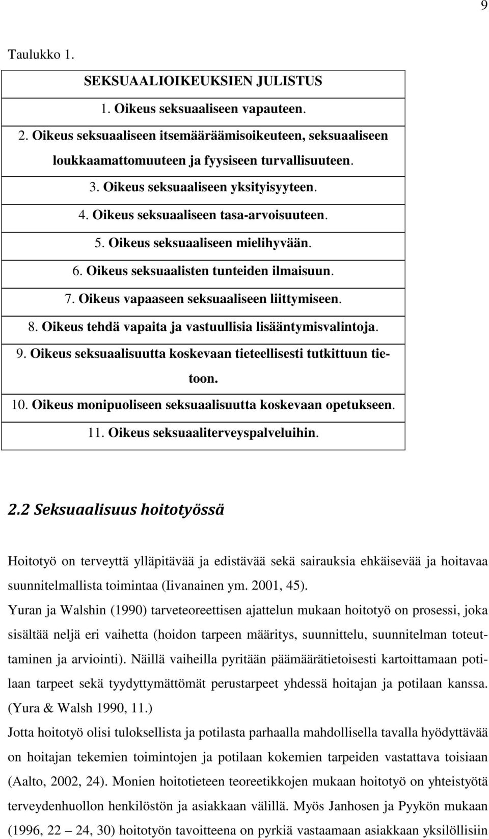 Oikeus vapaaseen seksuaaliseen liittymiseen. 8. Oikeus tehdä vapaita ja vastuullisia lisääntymisvalintoja. 9. Oikeus seksuaalisuutta koskevaan tieteellisesti tutkittuun tietoon. 10.