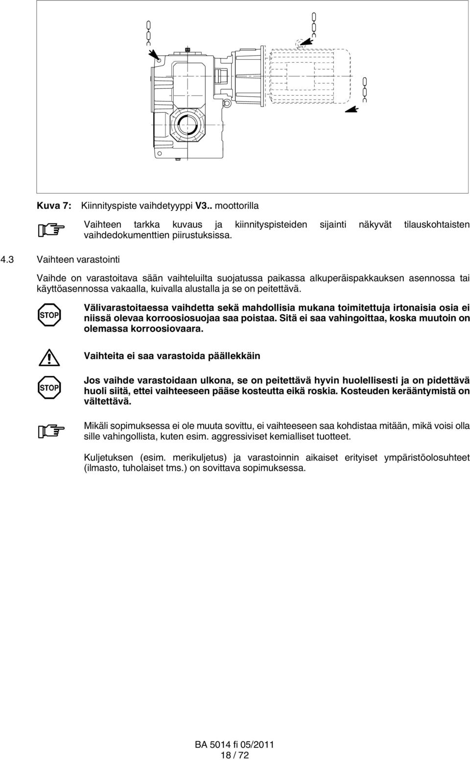 Välivarastoitaessa vaihdetta sekä mahdollisia mukana toimitettuja irtonaisia osia ei niissä olevaa korroosiosuojaa saa poistaa. Sitä ei saa vahingoittaa, koska muutoin on olemassa korroosiovaara.