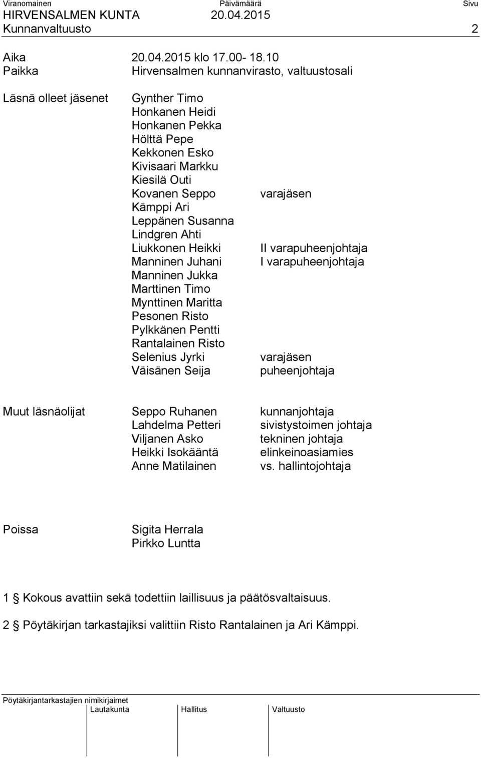 Leppänen Susanna Lindgren Ahti Liukkonen Heikki Manninen Juhani Manninen Jukka Marttinen Timo Mynttinen Maritta Pesonen Risto Pylkkänen Pentti Rantalainen Risto Selenius Jyrki Väisänen Seija