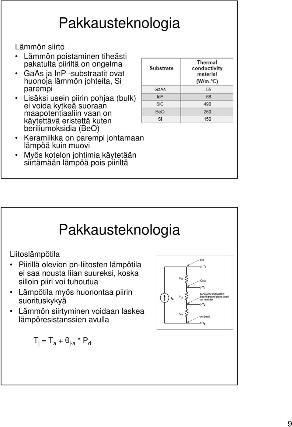 muovi Myös kotelon johtimia käytetään siirtämään lämpöä pois piiriltä Liitoslämpötila Piirillä olevien pn-liitosten lämpötila ei saa nousta liian suureksi,