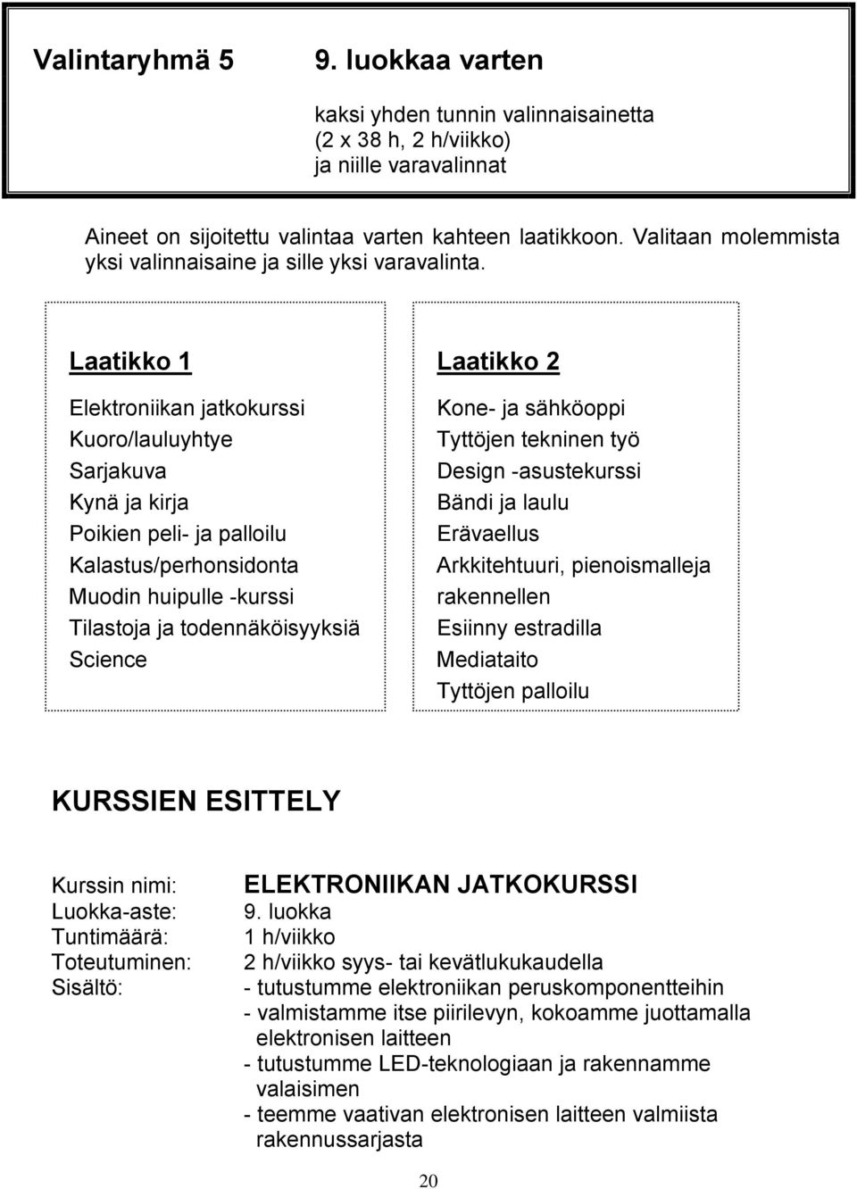 Laatikko 1 Elektroniikan jatkokurssi Kuoro/lauluyhtye Sarjakuva Kynä ja kirja Poikien peli- ja palloilu Kalastus/perhonsidonta Muodin huipulle -kurssi Tilastoja ja todennäköisyyksiä Science Laatikko