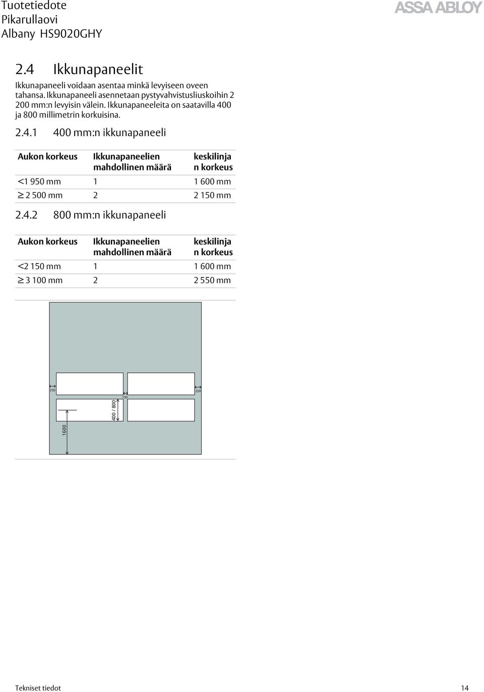Ikkunapaneeleita on saatavilla 400 ja 800 millimetrin korkuisina. 2.4.1 400 mm:n ikkunapaneeli Aukon korkeus Ikkunapaneelien mahdollinen määrä 2.