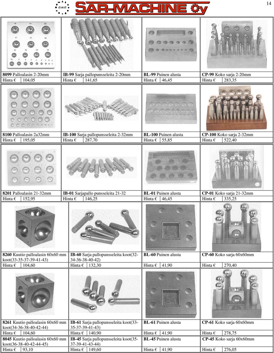 335,25 BL-60 Puinen alusta CP-60 Koko sarja 60x60mm 8260 Kuutio palloalasin 60x60 mm IB-60 Sarja pallopunsseleita koot(32koot(33-35-37-39-41-43) 34-36-38-40-42) 104,60 132,30 8261 Kuutio palloalasin