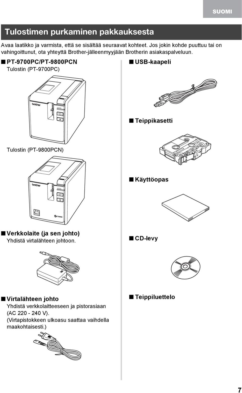 PT-9700PC/PT-9800PCN USB-kaapeli Tulostin (PT-9700PC) Teippikasetti Tulostin (PT-9800PCN) Käyttöopas Verkkolaite (ja sen johto) Yhdistä