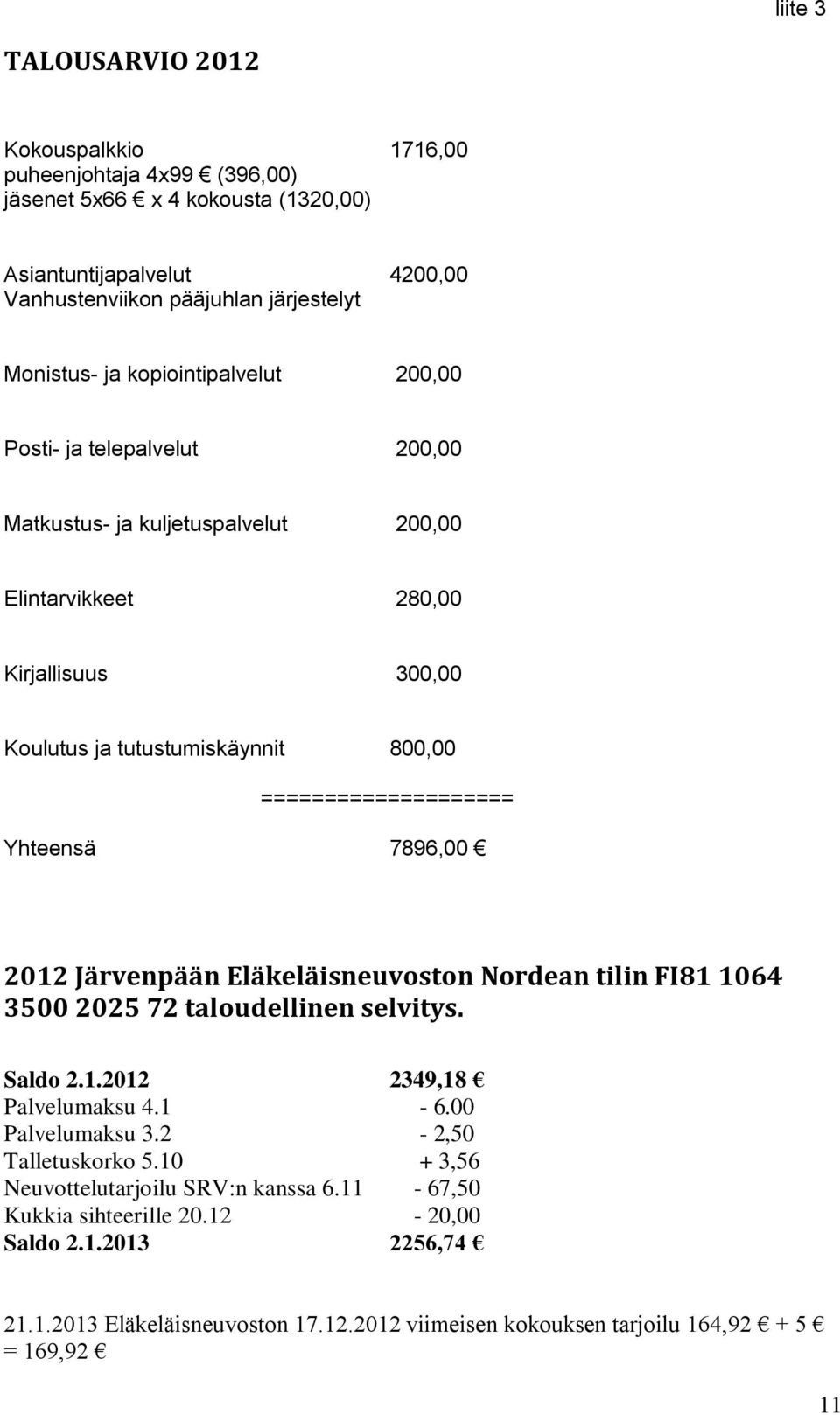 Yhteensä 7896,00 2012 Järvenpään Eläkeläisneuvoston Nordean tilin FI81 1064 3500 2025 72 taloudellinen selvitys. Saldo 2.1.2012 2349,18 Palvelumaksu 4.1-6.00 Palvelumaksu 3.