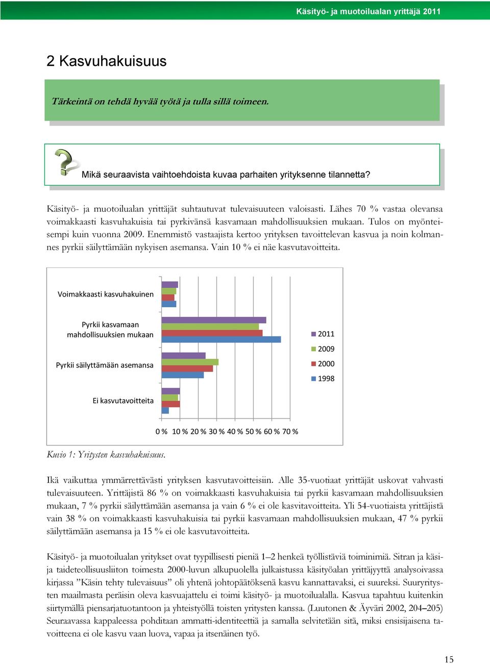 Tulos on myönteisempi kuin vuonna 2009. Enemmistö vastaajista kertoo yrityksen tavoittelevan kasvua ja noin kolmannes pyrkii säilyttämään nykyisen asemansa. Vain 10 % ei näe kasvutavoitteita.