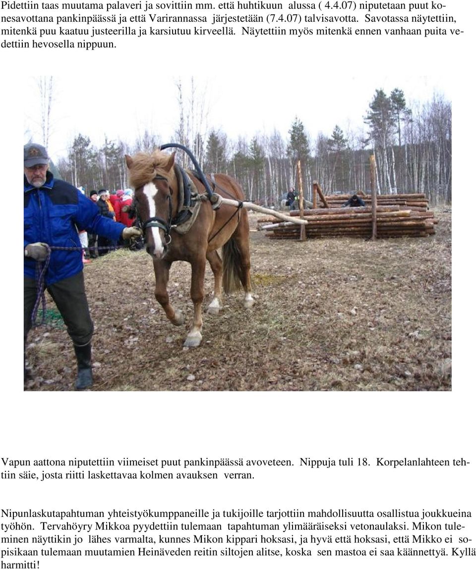 Vapun aattona niputettiin viimeiset puut pankinpäässä avoveteen. Nippuja tuli 18. Korpelanlahteen tehtiin säie, josta riitti laskettavaa kolmen avauksen verran.