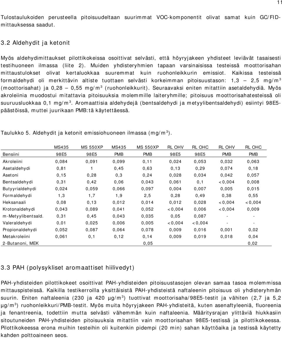 Muiden yhdisteryhmien tapaan varsinaisissa testeissä moottorisahan mittaustulokset olivat kertaluokkaa suuremmat kuin ruohonleikkurin emissiot.