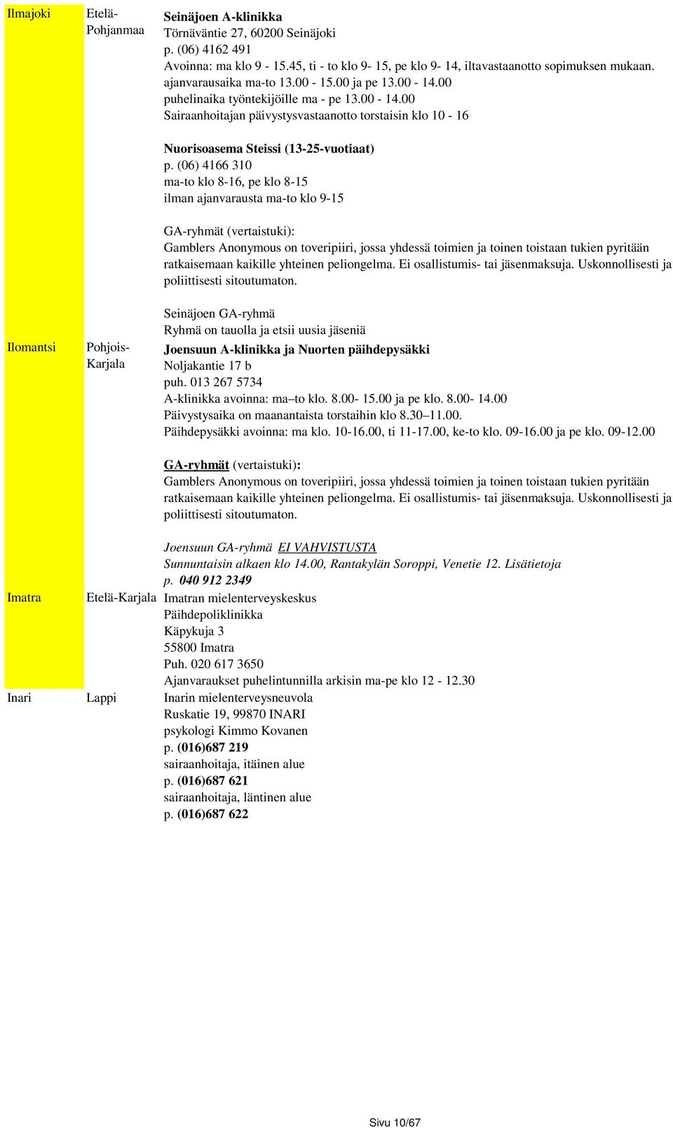 (06) 4166 310 ma-to klo 8-16, pe klo 8-15 ilman ajanvarausta ma-to klo 9-15 Seinäjoen GA-ryhmä Ryhmä on tauolla ja etsii uusia jäseniä Joensuun A-klinikka ja Nuorten päihdepysäkki Noljakantie 17 b