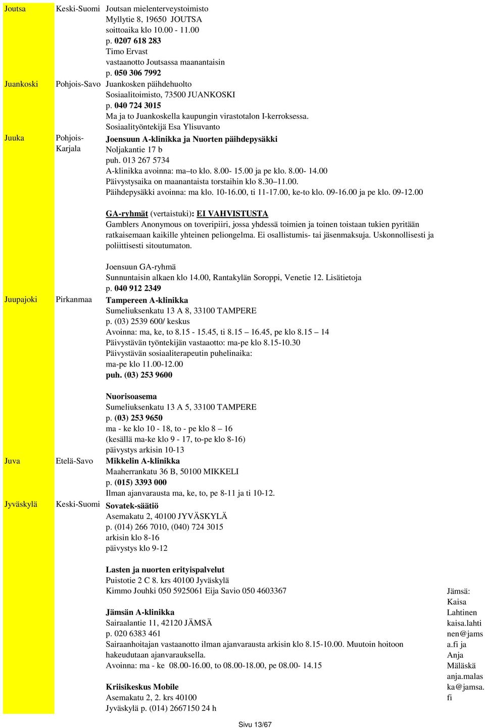 Sosiaalityöntekijä Esa Ylisuvanto Karjala Joensuun A-klinikka ja Nuorten päihdepysäkki Noljakantie 17 b puh. 013 267 5734 A-klinikka avoinna: ma to klo. 8.00-15.00 ja pe klo. 8.00-14.