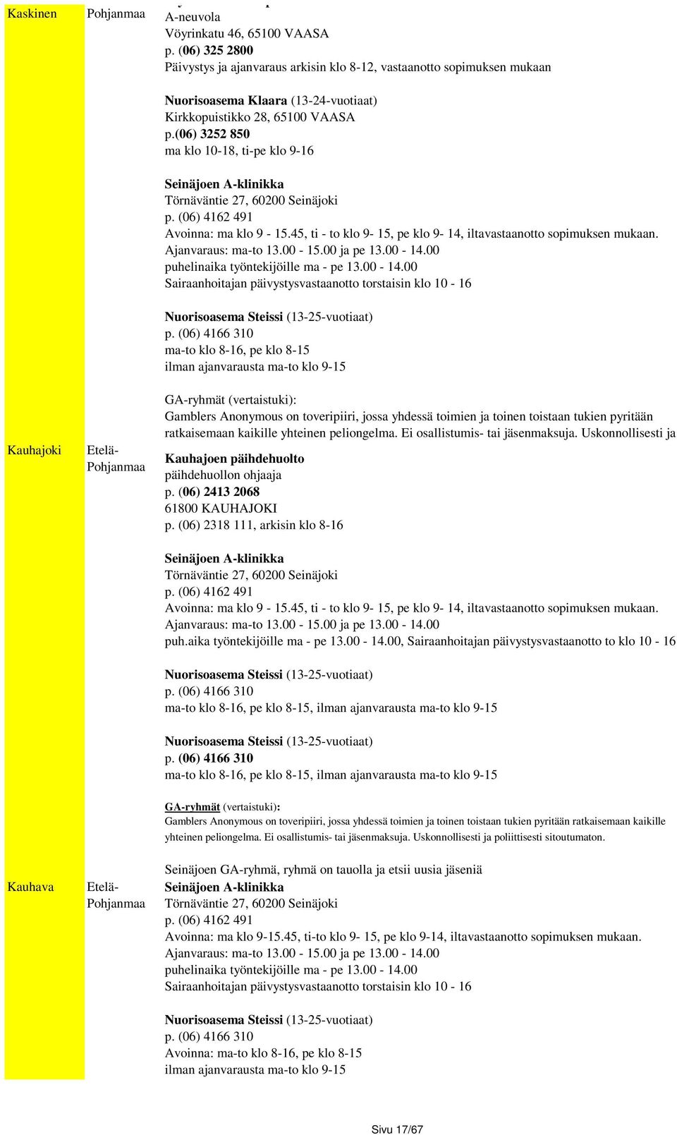 (06) 3252 850 ma klo 10-18, ti-pe klo 9-16 Seinäjoen A-klinikka Törnäväntie 27, 60200 Seinäjoki p. (06) 4162 491 Avoinna: ma klo 9-15.