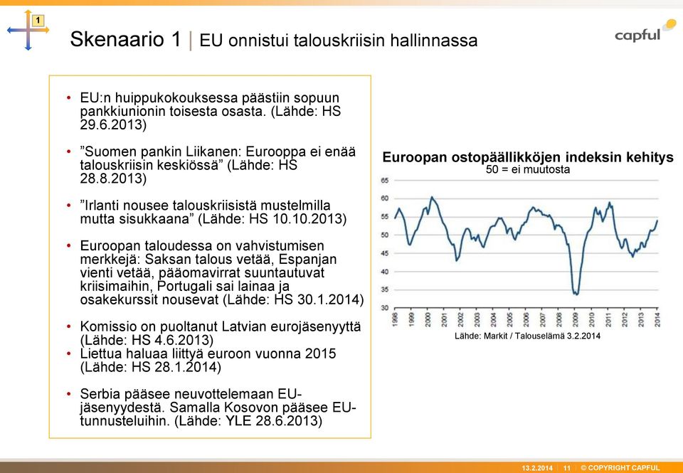 8.2013) Euroopan ostopäällikköjen indeksin kehitys 50 = ei muutosta Irlanti nousee talouskriisistä mustelmilla mutta sisukkaana (Lähde: HS 10.