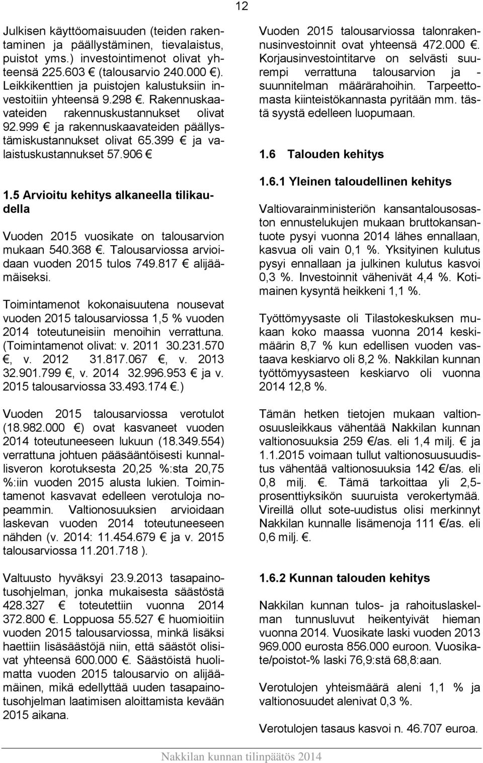 399 ja valaistuskustannukset 57.906 1.5 Arvioitu kehitys alkaneella tilikaudella Vuoden 2015 vuosikate on talousarvion mukaan 540.368. Talousarviossa arvioidaan vuoden 2015 tulos 749.