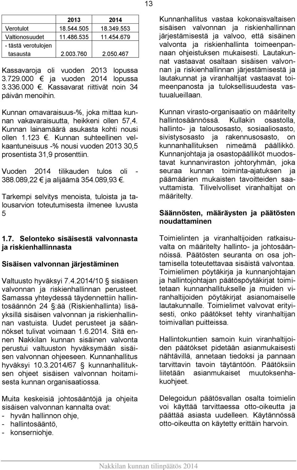 Kunnan lainamäärä asukasta kohti nousi ollen 1.123. Kunnan suhteellinen velkaantuneisuus -% nousi vuoden 2013 30,5 prosentista 31,9 prosenttiin. Vuoden 2014 tilikauden tulos oli - 388.