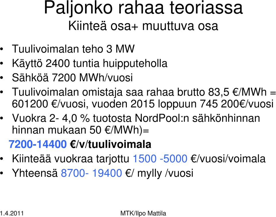 vuoden 2015 loppuun 745 200 /vuosi Vuokra 2-4,0 % tuotosta NordPool:n sähkönhinnan hinnan mukaan 50