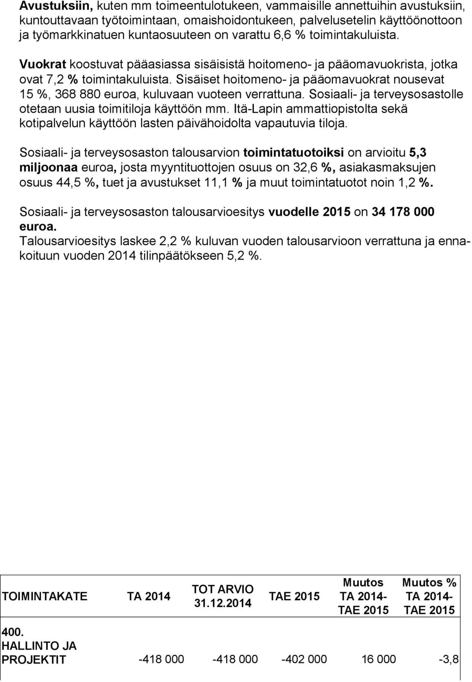 Sisäiset hoitomeno- ja pääomavuokrat nousevat 15 %, 368 880 euroa, kuluvaan vuoteen verrattuna. Sosiaali- ja terveysosastolle otetaan uusia toimitiloja käyttöön mm.