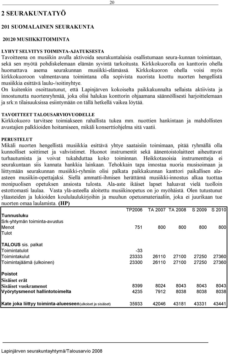 Kirkkokuoron ohella voisi myös kirkkokuoroon valmentavana toimintana olla sopivista nuorista koottu nuorten hengellistä musiikkia esittävä laulu /soitinyhtye.