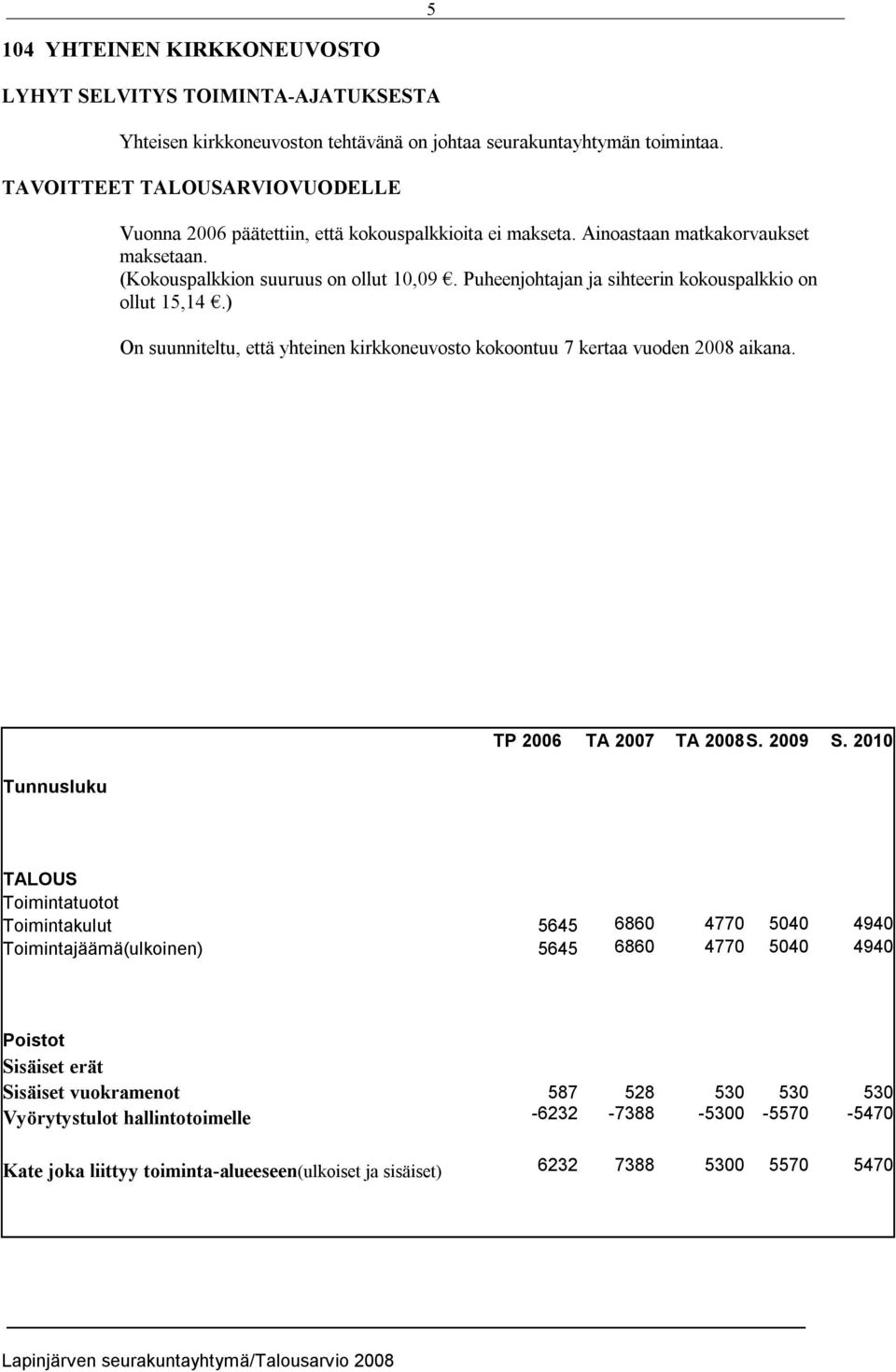 ) On suunniteltu, että yhteinen kirkkoneuvosto kokoontuu 7 kertaa vuoden 2008 aikana. TP 2006 TA 2007 TA 2008S. 2009 S.