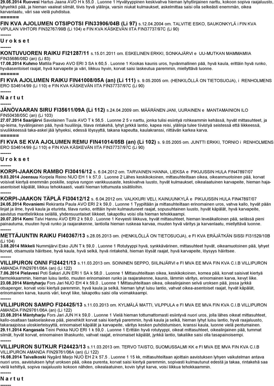 olla selkeästi enemmän, oikea karvanlaatu, väri saa vielä puhdistua. FIN KVA AJOLUMEN OTSIPOTSI FIN33906/04B (Li 97) s.12.04.2004 om.