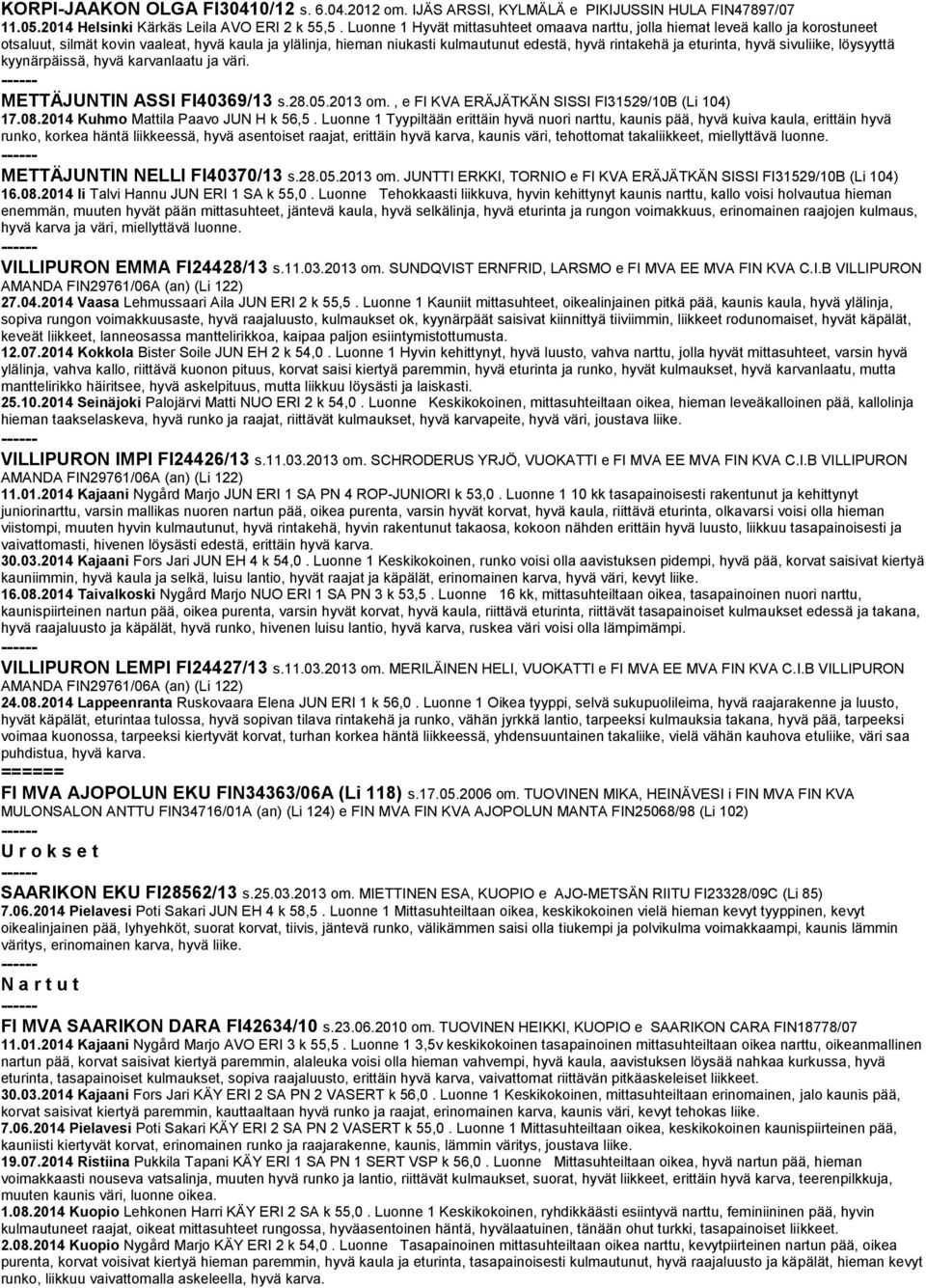eturinta, hyvä sivuliike, löysyyttä kyynärpäissä, hyvä karvanlaatu ja väri. METTÄJUNTIN ASSI FI40369/13 s.28.05.2013 om., e FI KVA ERÄJÄTKÄN SISSI FI31529/10B (Li 104) 17.08.