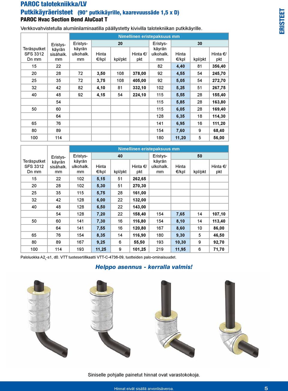 Hinta /kpl 30 kpl/pkt Hinta / pkt 15 22 82 4,40 81 356,40 20 28 72 3, 108 378,00 92 4,55 54 245,70 25 35 72 3,75 108 405,00 92 5,05 54 272,70 32 42 82 4,10 81 332,10 102 5,25 51 267,75 40 48 92 4,15