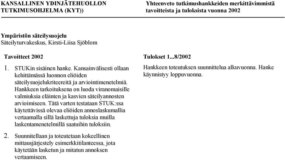 Hankkeen tarkoituksena on luoda viranomaisille valmiuksia eläinten ja kasvien säteilyannosten arvioimiseen.