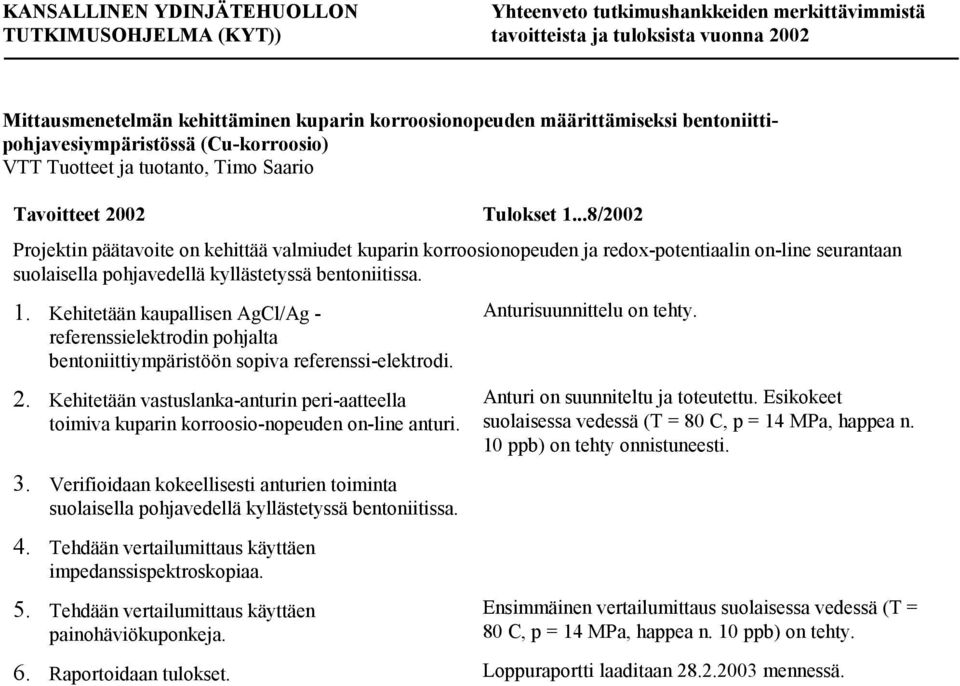 Kehitetään kaupallisen AgCl/Ag - referenssielektrodin pohjalta bentoniittiympäristöön sopiva referenssi-elektrodi. 2.