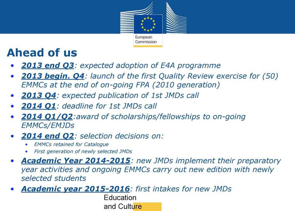 deadline for 1st JMDs call 2014 Q1/Q2:award of scholarships/fellowships to on-going EMMCs/EMJDs 2014 end Q2: selection decisions on: EMMCs retained for Catalogue