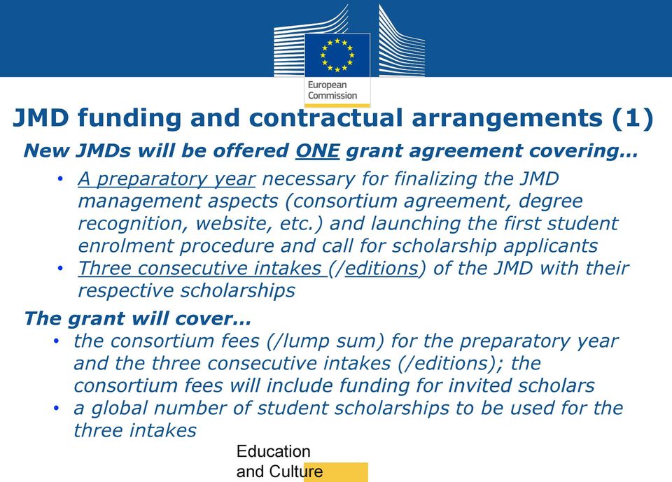 ) and launching the first student enrolment procedure and call for scholarship applicants Three consecutive intakes (/editions) of the JMD with their respective