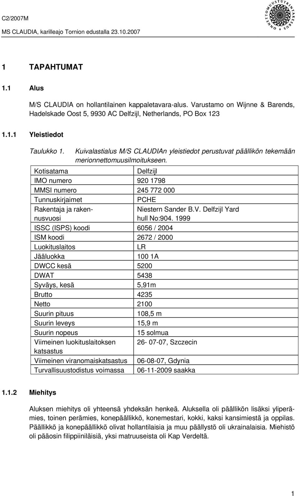 Kotisatama Delfzijl IMO numero 920 1798 MMSI numero 245 772 000 Tunnuskirjaimet PCHE Rakentaja ja rakennusvuosi Niestern Sander B.V. Delfzijl Yard hull No:904.