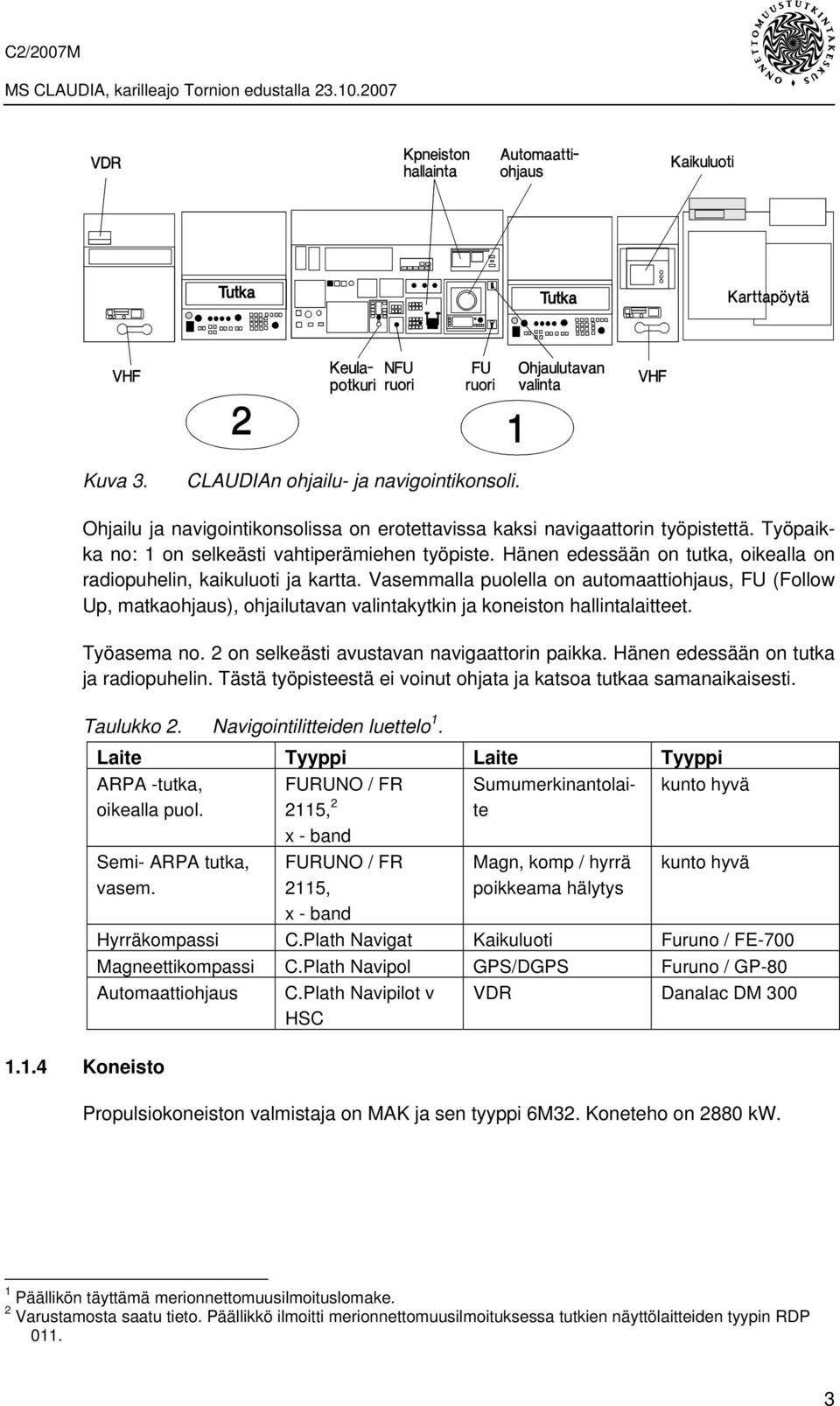 Työasema no. 2 on selkeästi avustavan navigaattorin paikka. Hänen edessään on tutka ja radiopuhelin. Tästä työpisteestä ei voinut ohjata ja katsoa tutkaa samanaikaisesti. Taulukko 2.