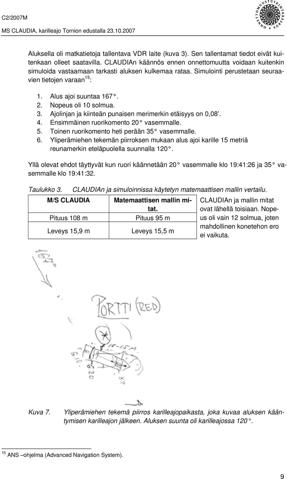 Nopeus oli 10 solmua. 3. Ajolinjan ja kiinteän punaisen merimerkin etäisyys on 0,08. 4. Ensimmäinen ruorikomento 20 vasemmalle. 5. Toinen ruorikomento heti perään 35 vasemmalle. 6.