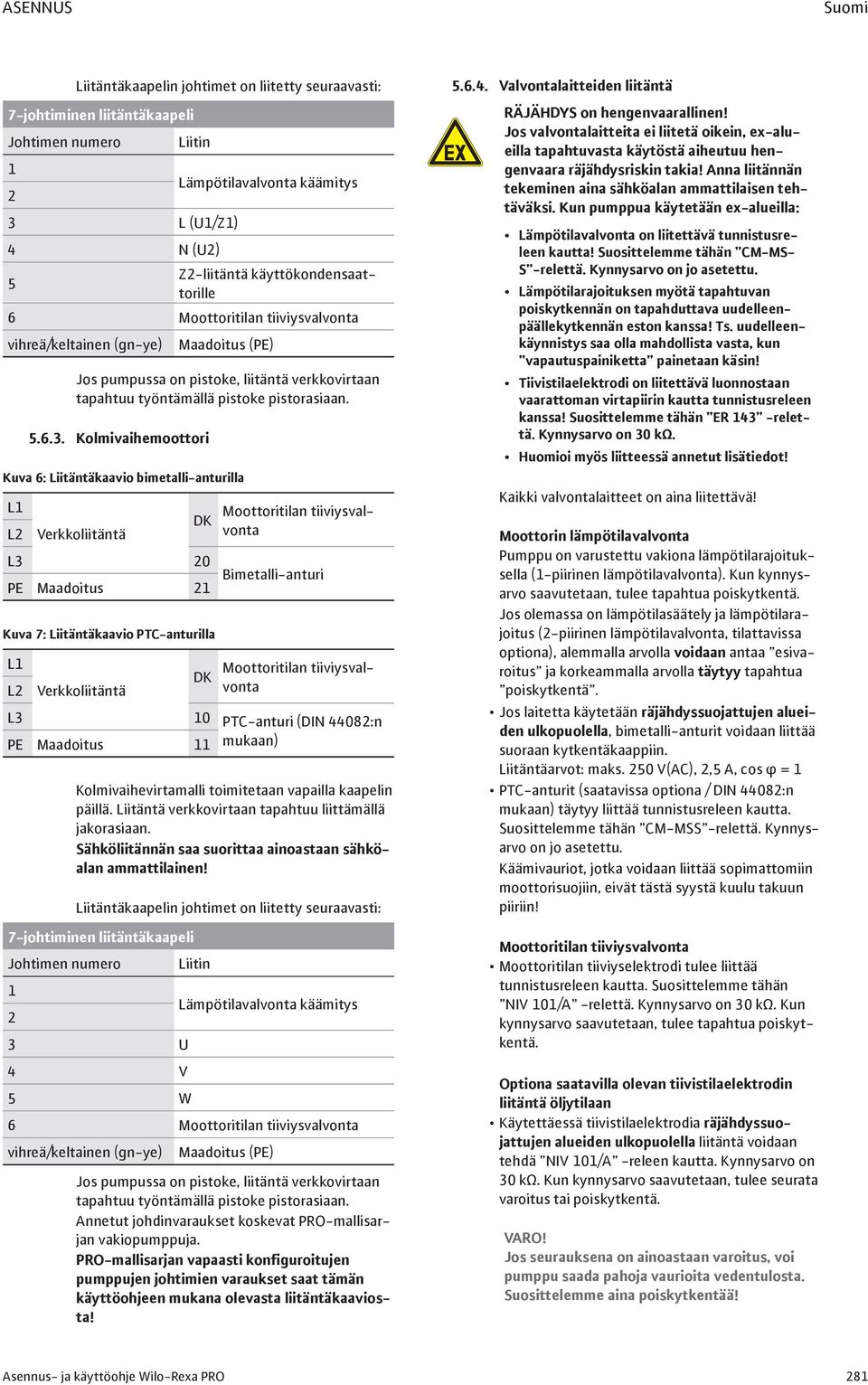 Kolmivaihemoottori Kuva 6: Liitäntäkaavio bimetalli-anturilla L1 L2 Verkkoliitäntä DK Moottoritilan tiiviysvalvonta L3 20 Bimetalli-anturi PE Maadoitus 21 Kuva 7: Liitäntäkaavio PTC-anturilla L1 L2