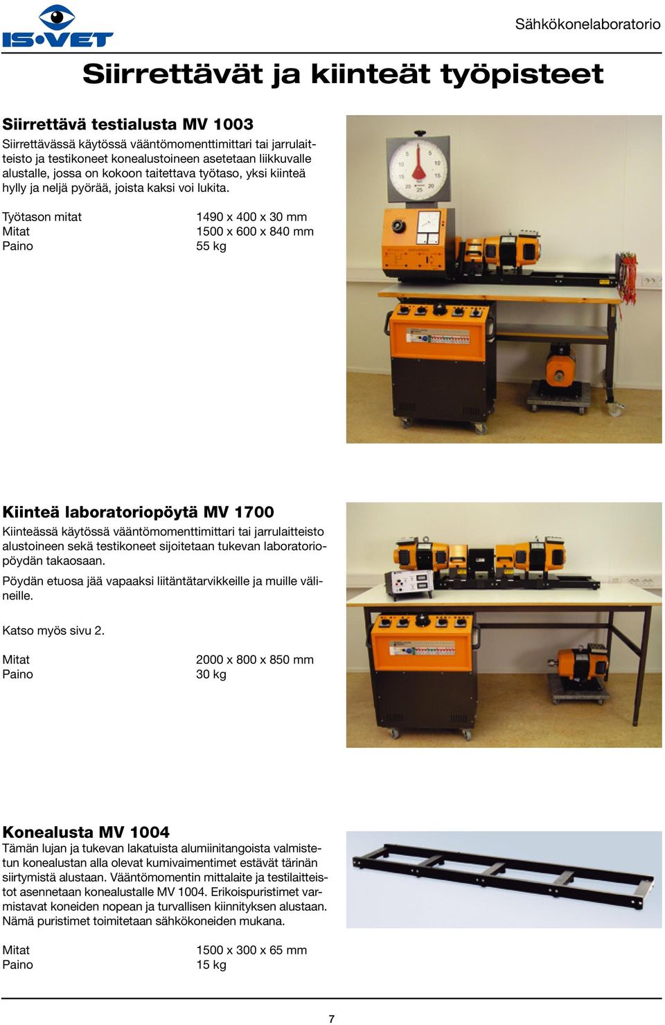 Sähkökonelaboratorio Siirrettävät ja kiinteät työpisteet Työtason mitat 1490 x 400 x 30 mm 1500 x 600 x 840 mm 55 kg Kiinteä laboratoriopöytä MV 1700 Kiinteässä käytössä vääntömomenttimittari tai