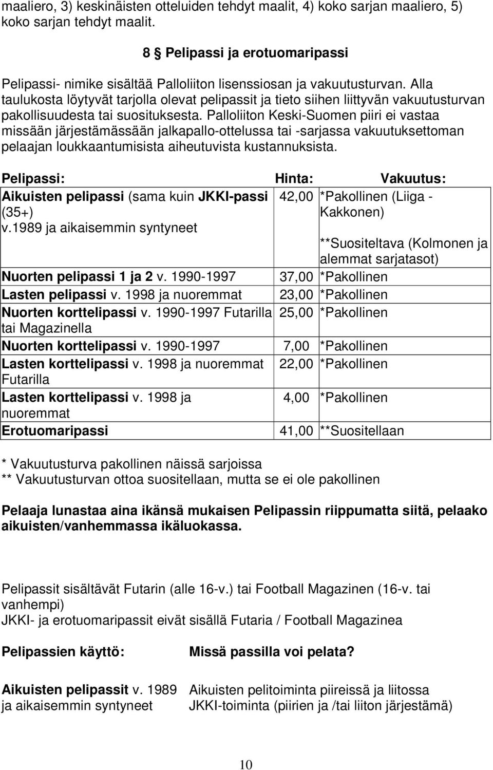 Alla taulukosta löytyvät tarjolla olevat pelipassit ja tieto siihen liittyvän vakuutusturvan pakollisuudesta tai suosituksesta.