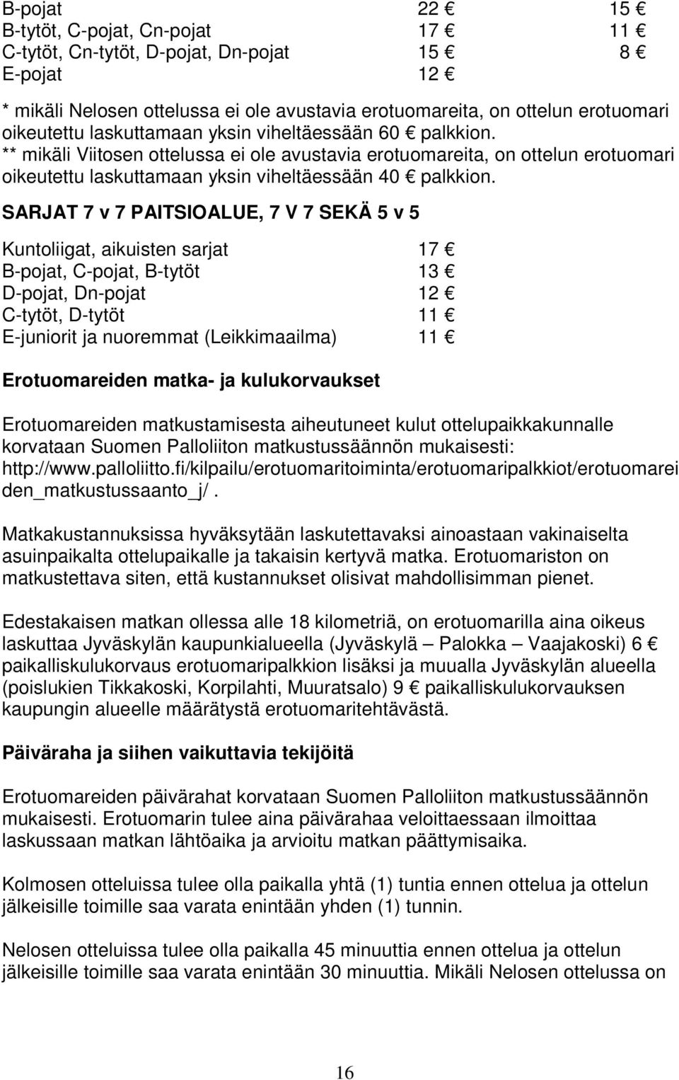 SARJAT 7 v 7 PAITSIOALUE, 7 V 7 SEKÄ 5 v 5 Kuntoliigat, aikuisten sarjat 17 B-pojat, C-pojat, B-tytöt 13 D-pojat, Dn-pojat 12 C-tytöt, D-tytöt 11 E-juniorit ja nuoremmat (Leikkimaailma) 11