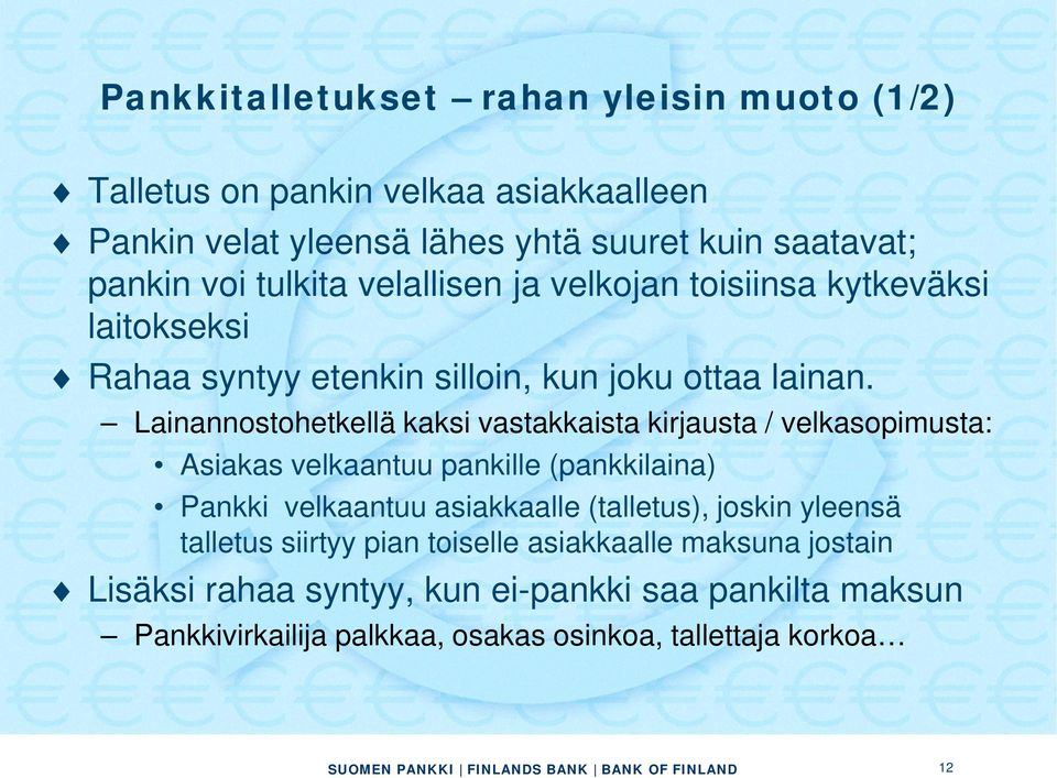 Lainannostohetkellä kaksi vastakkaista kirjausta / velkasopimusta: Asiakas velkaantuu pankille (pankkilaina) Pankki velkaantuu asiakkaalle (talletus),