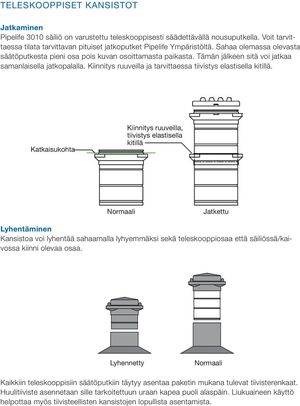 Kiinnitys ruuveilla ja tarvittaessa tiivistys elastisella kitillä.