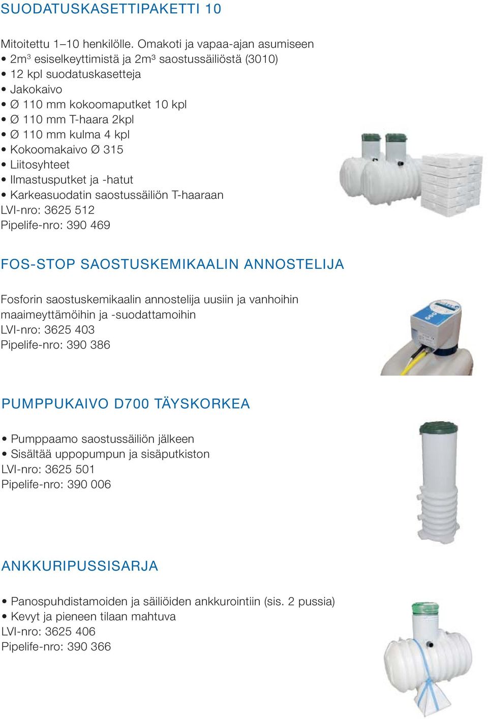 Kokoomakaivo Ø 315 Liitosyhteet Ilmastusputket ja -hatut Karkeasuodatin saostussäiliön T-haaraan LVI-nro: 3625 512 Pipelife-nro: 390 469 FOS-STOP SAOSTUSKEMIKAALIN ANNOSTELIJA Fosforin