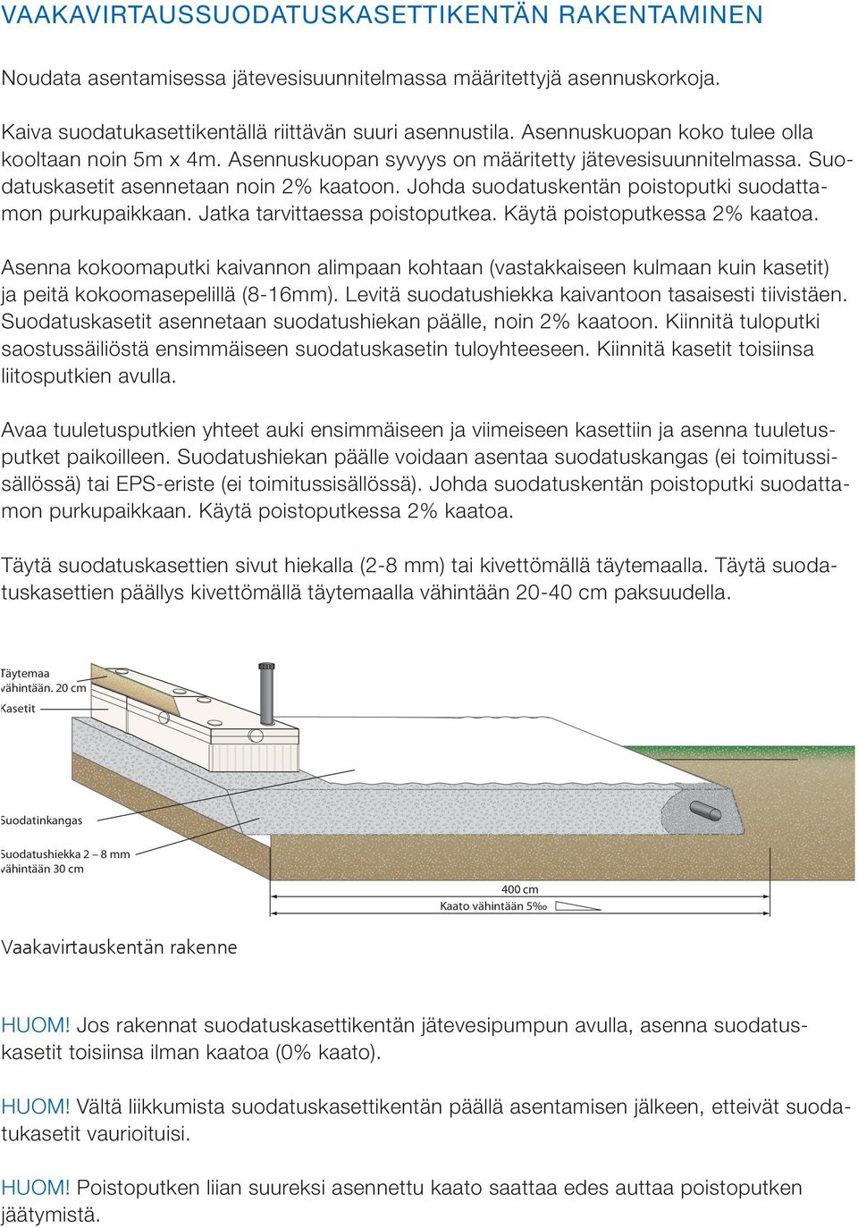 Johda suodatuskentän poistoputki suodattamon purkupaikkaan. Jatka tarvittaessa poistoputkea. Käytä poistoputkessa 2% kaatoa.