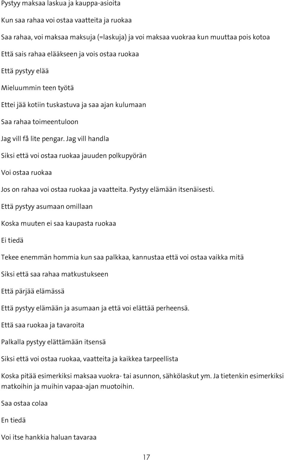 Jag vill handla Siksi että voi ostaa ruokaa jauuden polkupyörän Voi ostaa ruokaa Jos on rahaa voi ostaa ruokaa ja vaatteita. Pystyy elämään itsenäisesti.