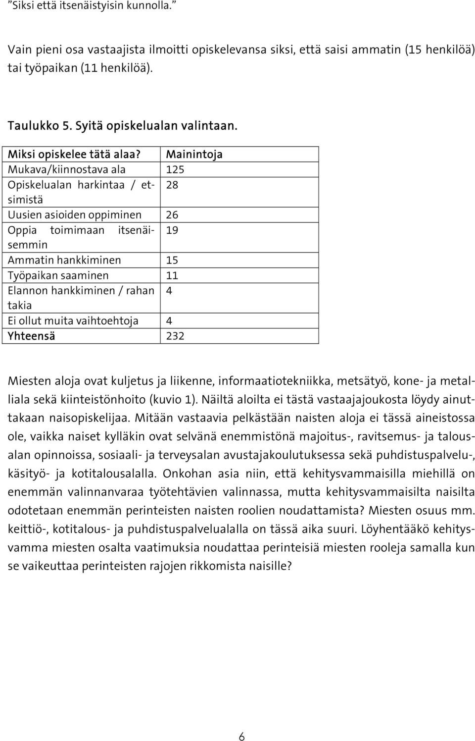 Mainintoja Mukava/kiinnostava ala 125 Opiskelualan harkintaa / etsimistä 28 Uusien asioiden oppiminen 26 Oppia toimimaan itsenäisemmin 19 Ammatin hankkiminen 15 Työpaikan saaminen 11 Elannon