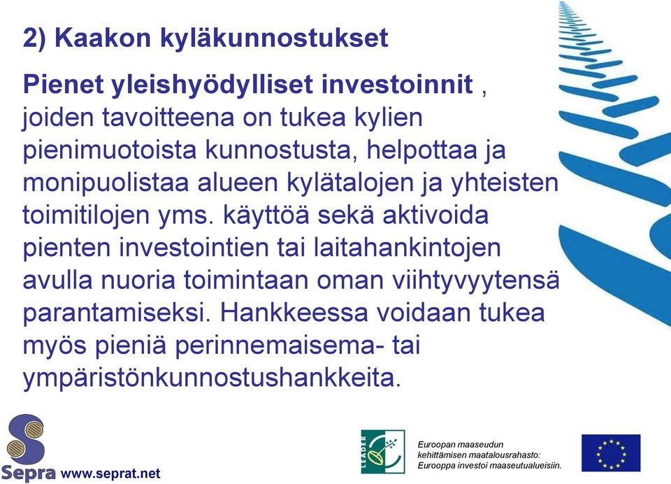 käyttöä sekä aktivoida pienten investointien tai laitahankintojen avulla nuoria toimintaan oman