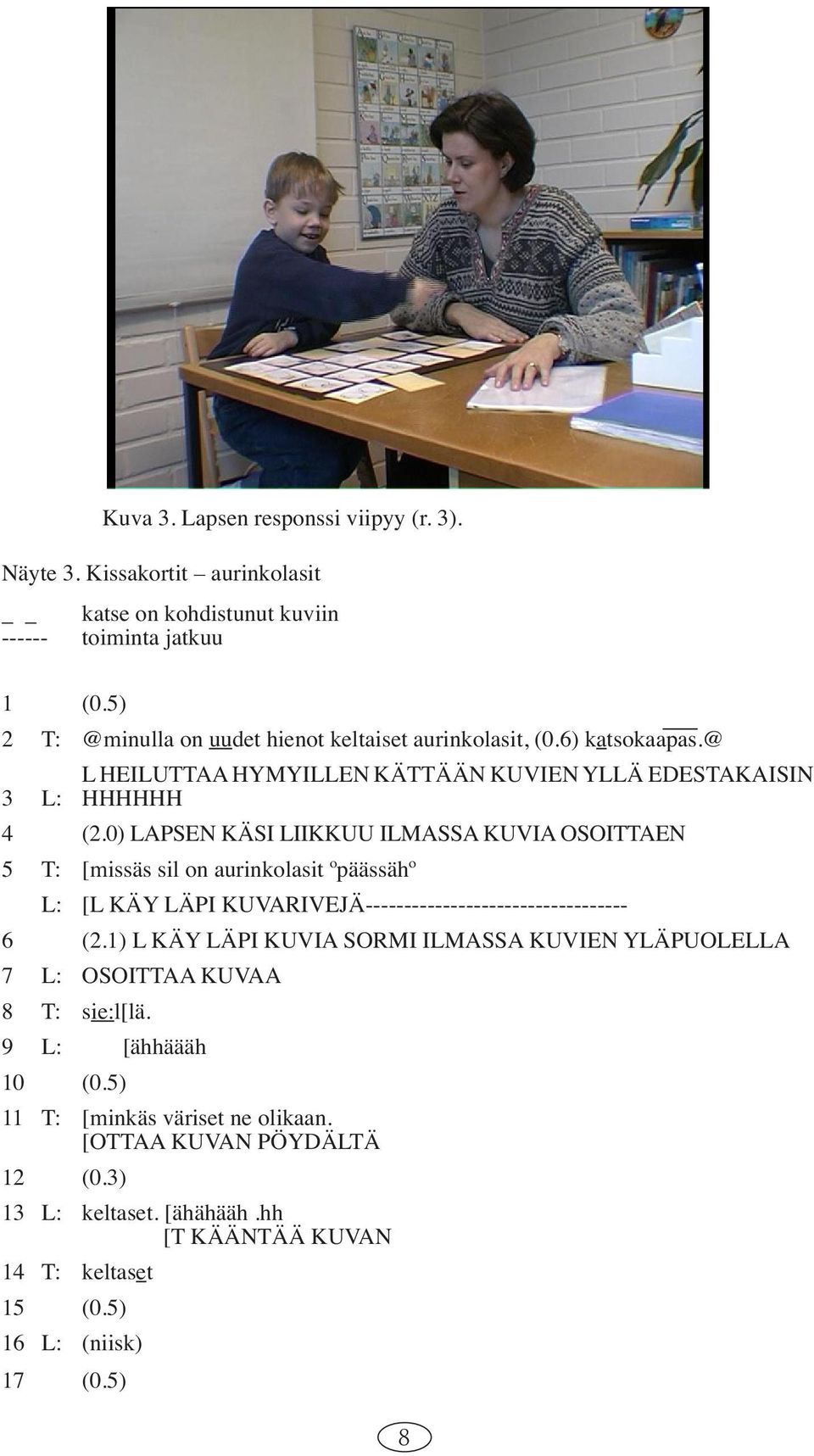 0) LAPSEN KÄSI LIIKKUU ILMASSA KUVIA OSOITTAEN 5 T: [missäs sil on aurinkolasit ºpäässähº L: [L KÄY LÄPI KUVARIVEJÄ---------------------------------- 6 (2.