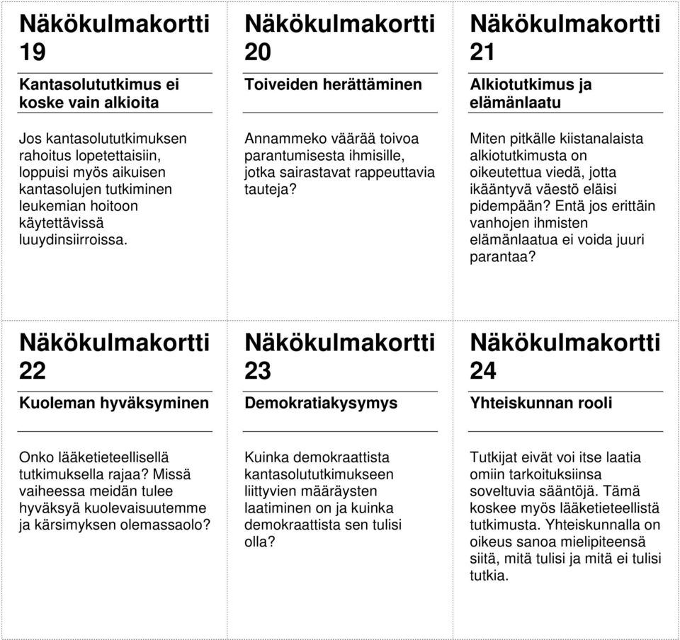 21 Alkiotutkimus ja elämänlaatu Miten pitkälle kiistanalaista alkiotutkimusta on oikeutettua viedä, jotta ikääntyvä väestö eläisi pidempään?