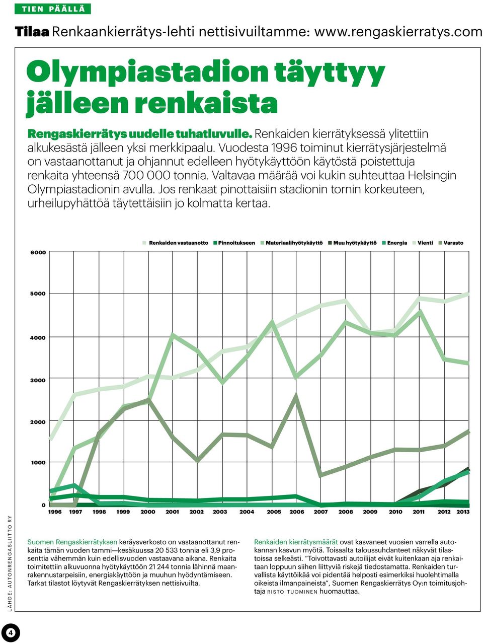 Vuodesta 1996 toiminut kierrätysjärjestelmä on vastaanottanut ja ohjannut edelleen hyötykäyttöön käytöstä poistettuja renkaita yhteensä 700 000 tonnia.