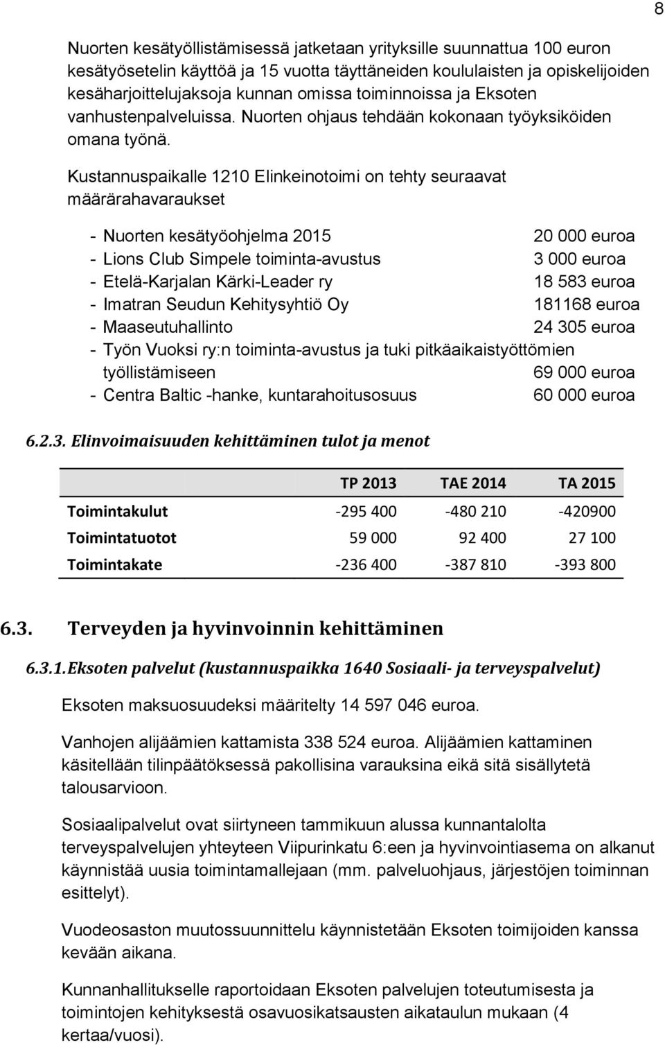 Kustannuspaikalle 1210 Elinkeinotoimi on tehty seuraavat määrärahavaraukset - Nuorten kesätyöohjelma 2015 20 000 euroa - Lions Club Simpele toiminta-avustus 3 000 euroa - Etelä-Karjalan Kärki-Leader