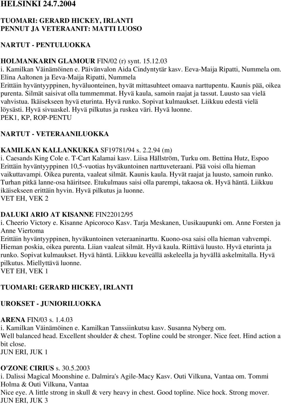 Kaunis pää, oikea purenta. Silmät saisivat olla tummemmat. Hyvä kaula, samoin raajat ja tassut. Luusto saa vielä vahvistua. Ikäisekseen hyvä eturinta. Hyvä runko. Sopivat kulmaukset.